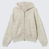 Boxy Textured Knit Zip Hoodie – Light Patterned Beige