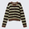 Brushed Knit Buttoned Cardigan – Brown/Black/Green Stripes
