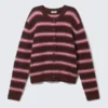 Brushed Knit Buttoned Cardigan – Dark Red & Pink Stripes