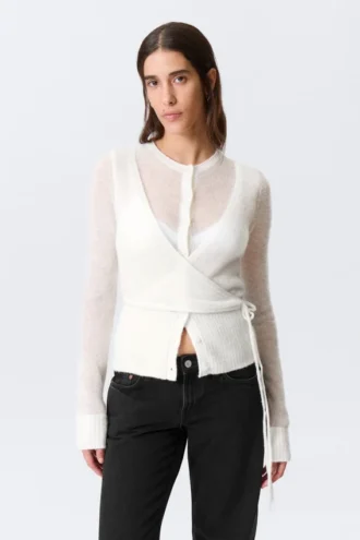 Buttoned Wrap-Effect Wool-Blend Cardigan – White