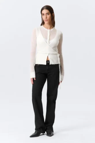 Buttoned Wrap-Effect Wool-Blend Cardigan – White