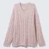Cable Knit V-Neck Sweater – Dusty Pink