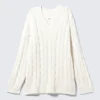 Cable Knit V-Neck Sweater – White
