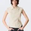 Cap-Sleeved Asymmetric Ripstop Top – Light Beige