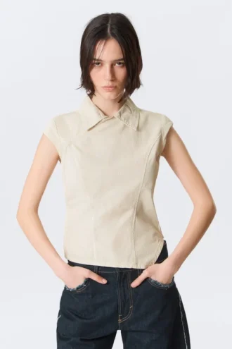 Cap-Sleeved Asymmetric Ripstop Top – Light Beige