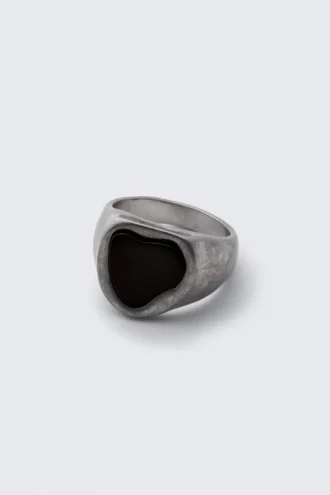 Chunky Stone Signet Ring – Worn Rhodium – Silver
