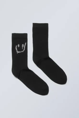 Cotton Rhinestone Socks – Black Rhinestones Drippy Smile