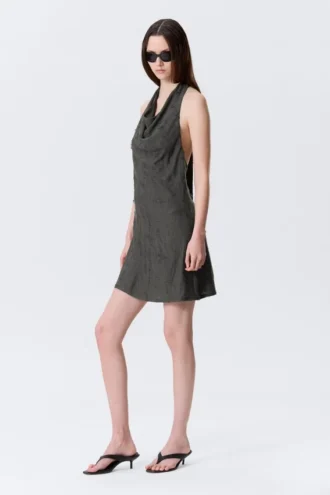 Cowl-Neck Jacquard Halter Mini Dress – Dark Grey