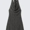 Cowl-Neck Jacquard Halter Mini Dress – Dark Grey