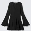 Crinkled Long-Sleeved Mini Dress – Black