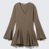 Crinkled Long-Sleeved Mini Dress – Dark Mole