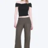 Crinkled Low-Rise Wide-Leg Trousers – Dark Brown