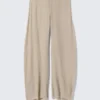 Crinkled Low-Rise Wide-Leg Trousers – Light Beige