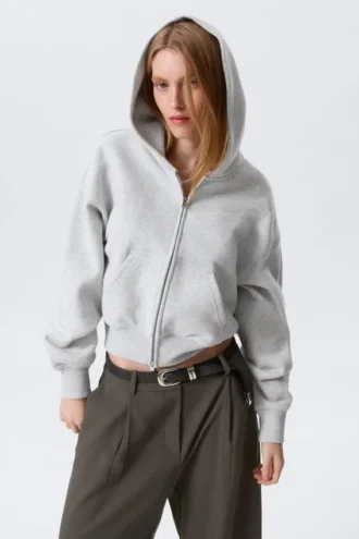 Cropped Boxy Zip Hoodie – Grey Melange
