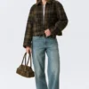 Cropped Boxy Zip Jacket – Dark Brown Check