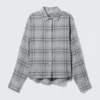 Cropped Button-Up Cotton Shirt – Dusty Blue Check