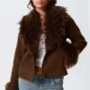 Cropped Faux Fur Trim Jacket – Dark Brown