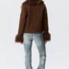 Cropped Faux Fur Trim Jacket – Dark Brown