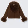 Cropped Faux Fur Trim Jacket – Dark Brown