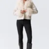 Cropped Faux Fur Trim Jacket – Dusty White – Black Dots