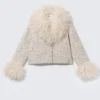 Cropped Faux Fur Trim Jacket – Dusty White – Black Dots