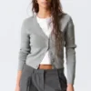 Cropped Knitted V-Neck Cardigan – Grey Melange