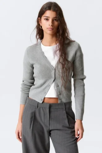 Cropped Knitted V-Neck Cardigan – Grey Melange
