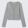 Cropped Knitted V-Neck Cardigan – Grey Melange