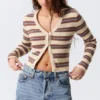Cropped Knitted V-Neck Cardigan – Striped Brown
