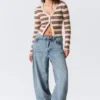 Cropped Knitted V-Neck Cardigan – Striped Brown