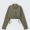 Cropped Loose Cargo Shirt – Checked Dark Khaki Green