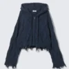 Cropped Pointelle Knit Zip Hoodie – Dark Blue