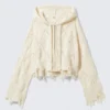 Cropped Pointelle Knit Zip Hoodie – Off-White