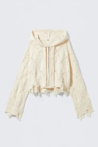 Cropped Pointelle Knit Zip Hoodie – Off-White