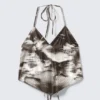 Cropped Printed Halterneck Top – Brown – Abstract Floral