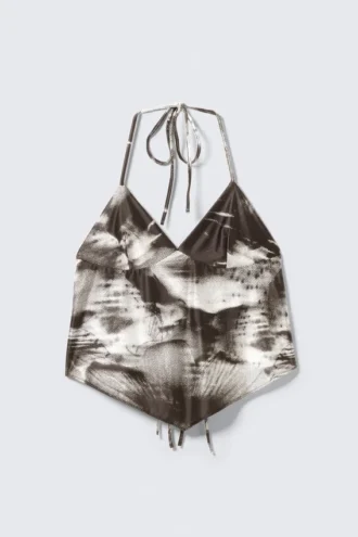 Cropped Printed Halterneck Top – Brown – Abstract Floral