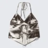Cropped Printed Halterneck Top – Brown – Abstract Floral