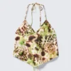 Cropped Printed Halterneck Top – Brown & Green Floral Dots