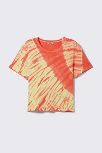 Cropped Printed Ribbed Cotton T-Shirt – Bright Red Tie-Dye
