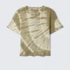 Cropped Printed Ribbed Cotton T-Shirt – Khaki Green Tie-Dye