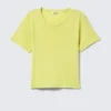 Cropped Printed Ribbed Cotton T-Shirt – Light Yellow