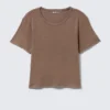 Cropped Printed Ribbed Cotton T-Shirt – Washed Dark Brown