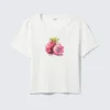 Cropped Printed Ribbed Cotton T-Shirt – White – Dragon Fruit
