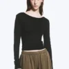Deep Back Long-Sleeved Top – Black