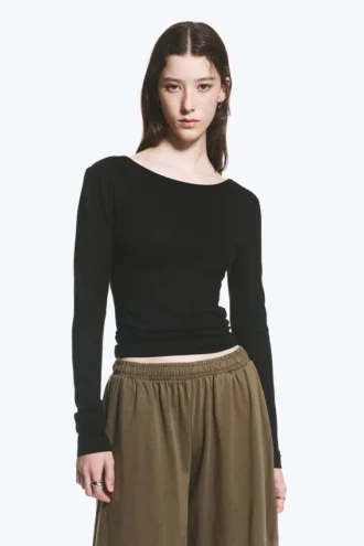 Deep Back Long-Sleeved Top – Black