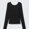 Deep Back Long-Sleeved Top – Black