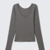 Deep Back Long-Sleeved Top – Grey
