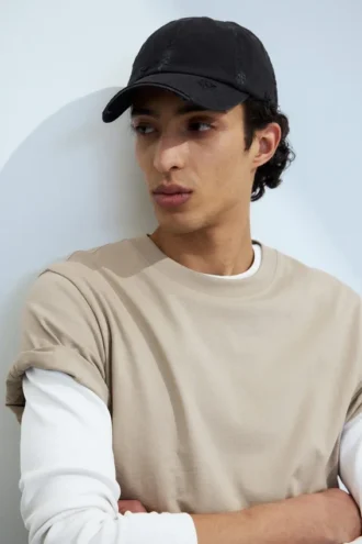 Distressed Cotton Canvas Baseball Cap – Cropped Black
