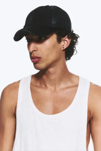 Distressed Cotton Canvas Baseball Cap – Cropped Black