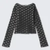 Distressed Long-Sleeved Boat-Neck Top – Dark Grey
